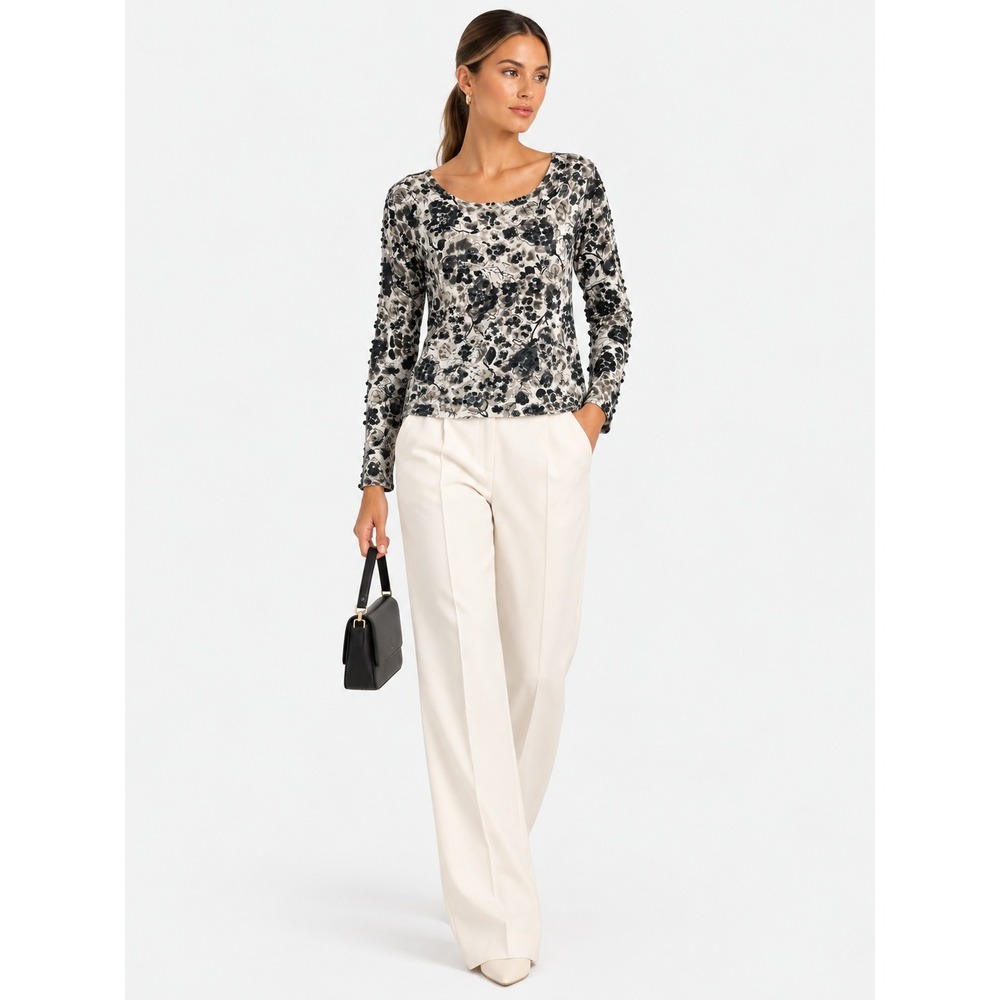 Oscar de la Renta Floral Sequin Scoop Neck Sweater White Black Gray M NWOT New